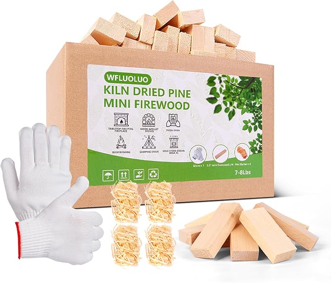 Mini Firewood with 4pcs Fire Starters&Gloves 3.5'' Lengths Pine Kiln Dried Fire Wood Great for Solo Stove Mesa, Tabletop Fire Pit,Pizza Oven Wood,Solo Stove Accessories