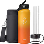 BUZIO 40oz Insulated Water Bottle, Triple Wall Vacuum Stainless Steel Water Flask with 2 lids, Lead-Free BPA-Free Straw Lid Sports Canteen Jug, Cold 48H & Hot 24H- Yellow Orange