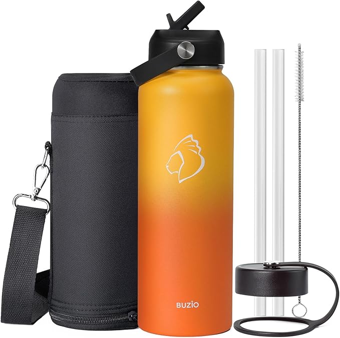 BUZIO 40oz Insulated Water Bottle, Triple Wall Vacuum Stainless Steel Water Flask with 2 lids, Lead-Free BPA-Free Straw Lid Sports Canteen Jug, Cold 48H & Hot 24H- Yellow Orange