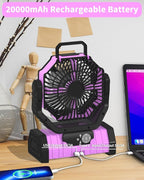 ADUST Camping Battery Operated Powered Fan with LED Lantern Light Portable 20000mAh Rechargeable Oscillating Fan with 360° Rotation Hanging Hook for Tents, Cordless USB Desk Fan(Pink)
