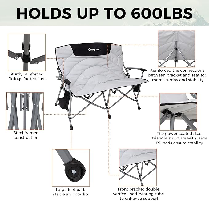 KingCamp Double Camping Chair, Oversized Heavy Duty Loveseat for Adults Portable Folding XL 2 Person Couch Padded Comfortable Two Seat with Cup Holder for Outdoor Lawn Backyard