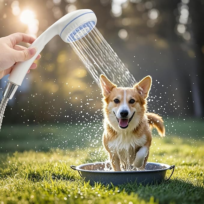 Portable Camping Shower Pump - Rechargeable Outdoor Shower Head Sprayer, Pumps Water from Bucket. Experience Refreshment Anywhere, Perfect for Camping, Hiking, Travel, Car Washing & Pet Cleaning