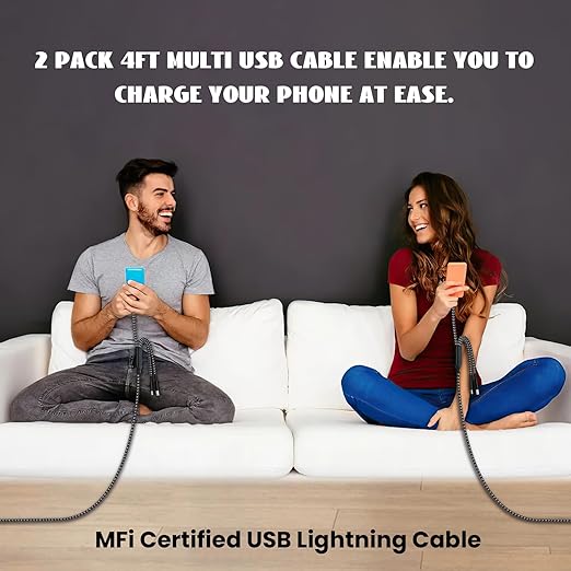 Multi Charging Cable(2pack 4ft), 3 in 1 Charger Cable Nylon Braided Phone Charger Cord, Universal Charging Cable with Type-C/Micro USB and IP Port, Compatible with Most Cell Phones and More