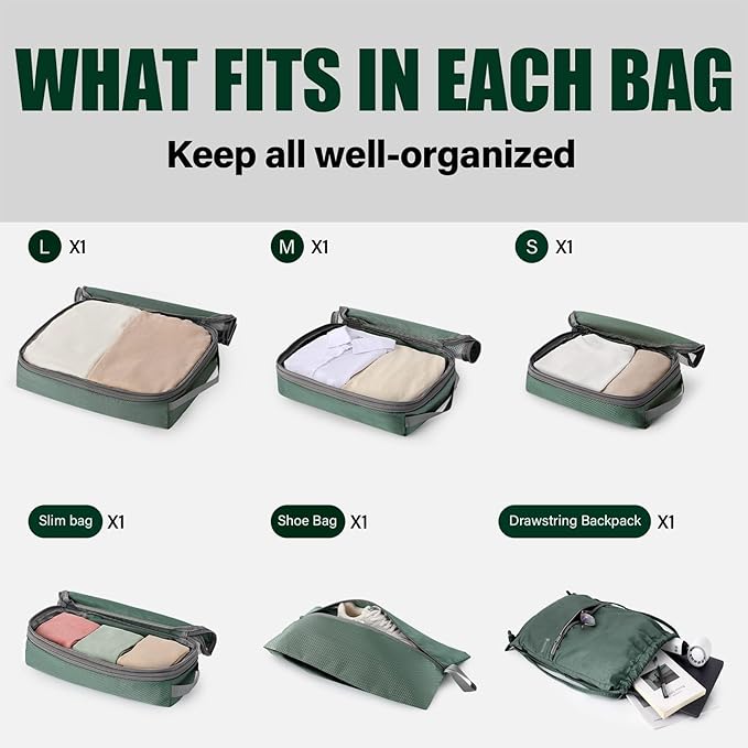 6 Set Compression Packing Cubes for Travel, Bonus Versatile Drawstring Backpack, Lightweight Luggage Organizer Bags, Sturdy Travel Accessories for Suitcase, Dark Green