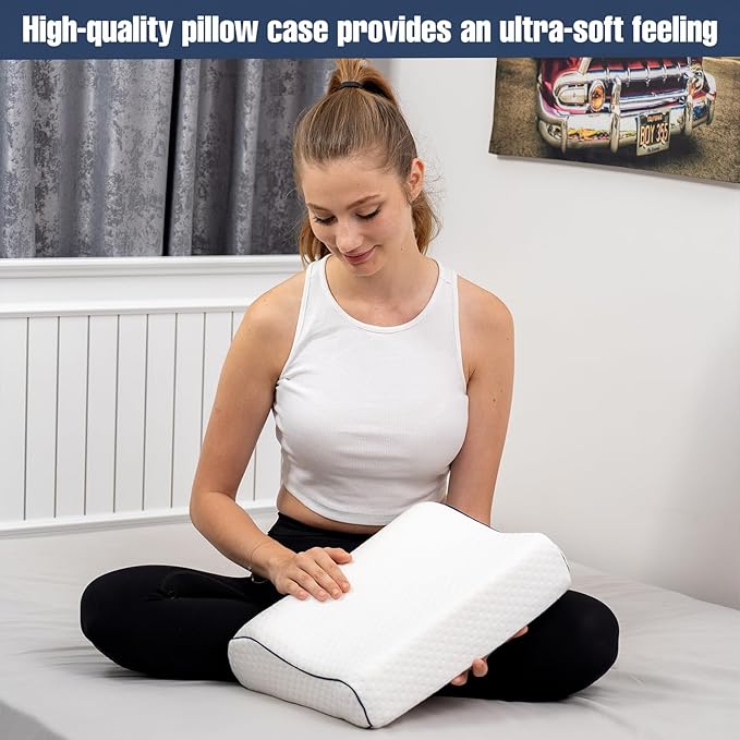 alkamto Travel & Camping Comfortable Memory Foam Pillow – Easy to Carry Portable Bag – Temperature Regulating Pillow Case (White Contour)