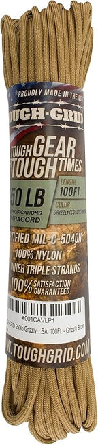 TOUGH-GRID 550 Paracord Rope Nylon Parachute Cord, Made in USA Survival Kit, Outdoor Adventures, Camping, Tactical Gear & Emergency Supplies, Military Type III Mil-Spec