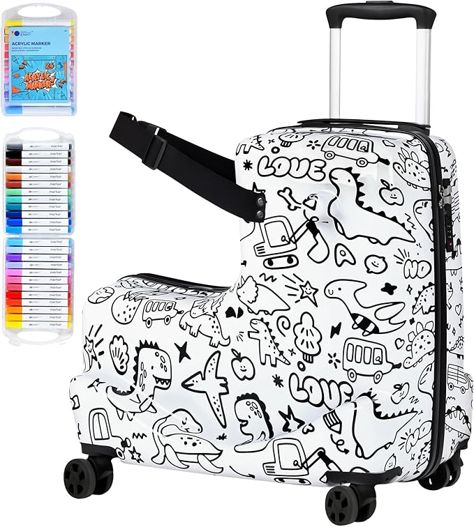 smilesun Kids Ride-On Suitcase with DIY Graffiti Coloring Design, 20" Hardshell Luggage with 4 Spinner Wheels, Safety Belt & TSA Lock – Fun and Rideable Travel Case for Toddlers and Children