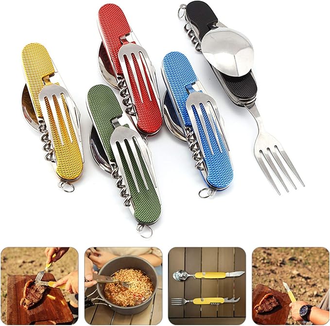 6-in-1 Multi-Function Camping Utensil Flatware Set Detachable Spoon Fork Knife Combo Mess Kit with Carrying Pouch (Black + Green)