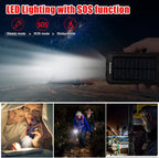 Solar Charger Power Bank, 20000mAh Portable Outdoor Waterproof Solar Battery Charger, Camping External Backup Battery Pack USB C Ports Input/Output, 2 Led Light Flashlight with Compass (Red)