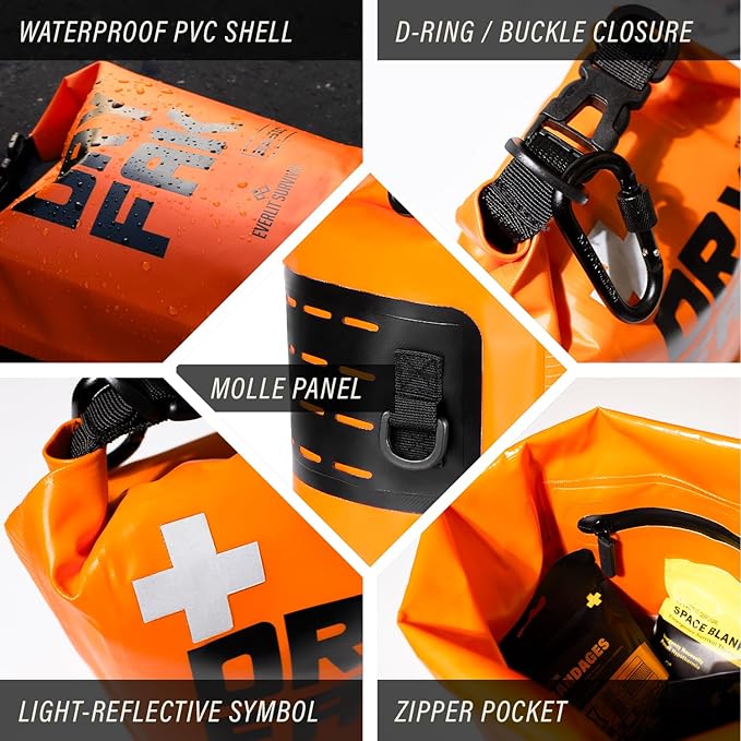 EVERLIT 290 Pc Waterproof First Aid Kit Dry FAK Medical Kit Emergency Survival Kit for Boat, Backpacking, Hiking, Fishing, Travel, Kayaking (Orange) (Orange)