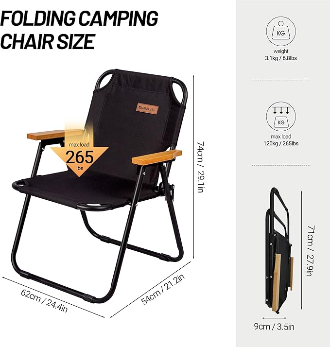 Camping Chair, Black Folding Bench Chair Seating Camp Chairs for Indoor Outdoor Hiking Fishing Patio Beach Supports up to 264 Lbs (1 Pack Single Black)