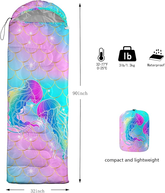 HOSIMA Cartoon Axolotl Sleeping Bags for Kids 10-12,Blue Cartoon Kids Sleeping Bags for Girls Boys,Compact Sleeping Bag for Camping Essentials and Hiking.