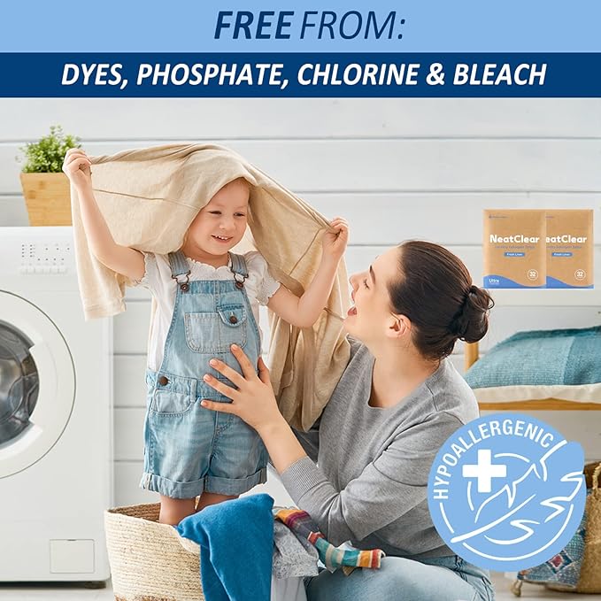 Eco-friendly Laundry Detergent Sheets, Travel Size Liquidless Soap Sheets NeatClear | No Mess & Space-Saving, Great For Travel, Apartments, Dorms | Fresh Linen Scent 32 Laundry Strips (32 Loads)