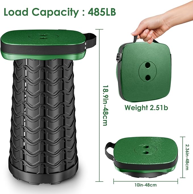 Folding Camping Stool, Square Collapsible Portable Stool with Elastic Seat Cushion& Adjustable Nylon Bag, Sturdy Lightweight Telescoping Foldable,Max Load 485lb (Green)