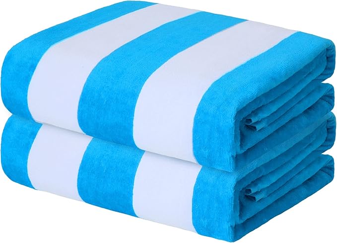 Exclusivo Mezcla 2 Pack Cotton Oversized 35x70 Inches Cabana Stripe Beach Towels, Super Absorbent Soft Plush Pool Bath Towel (Blue)