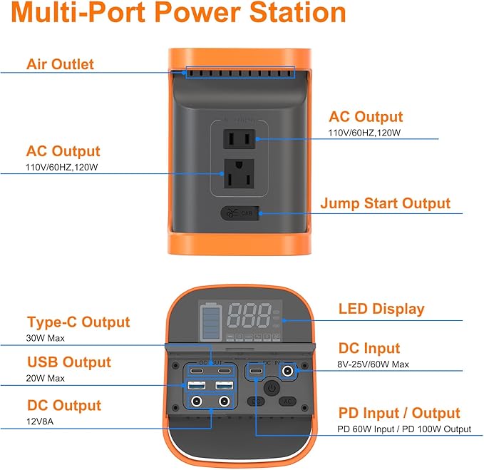 Portable Outdoor Power Station Power Bank Car Battery Jump Starter, AC Max 150W DC USB, Type-C PD, LED Light, Multifunction calbes for Fishing Power Reel Phone Laptop Home Backup Camping