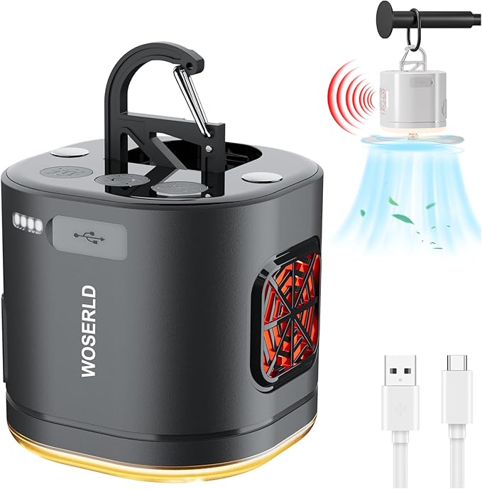 Portable Camping Light Camping Fan & Ultrasonic 3-in-1 Tent Lights USB Rechargeable 1200mAh Battery Outdoor LED Light & SOS Light ,with Hook Magnet Suitable for Indoor Outdoor Hiking (Black)