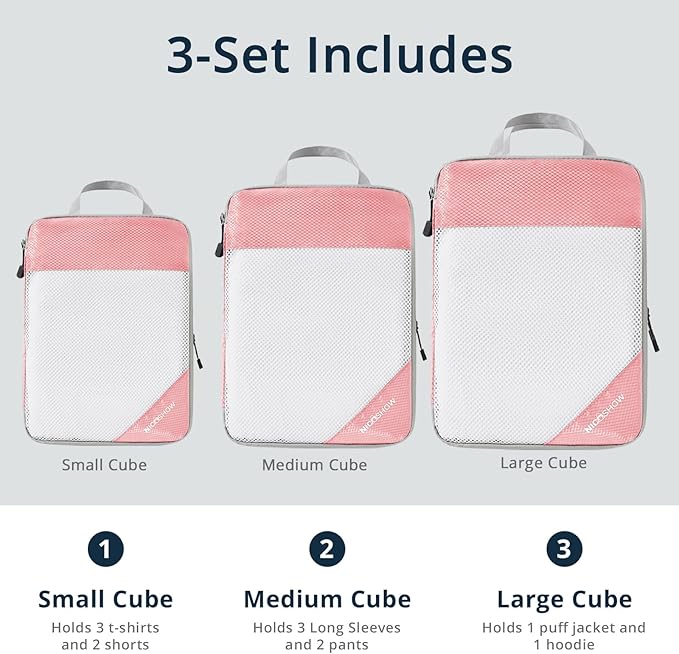 Compression Packing Cubes 3 Set, Compressible Space-Saving Packing Cubes for Travel - Compression Bags, Luggage Organizer, Travel Essentials for Women, Pink
