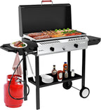 Bestfire 2 Burner Outdoor Propane Gas Stove with Auto Ignition & Regulator, 150,000 BTU High-Pressure Stand Cooker with Flat Top Grill Griddle & Shelf, Portable Cast Iron Burner for Canning & Frying