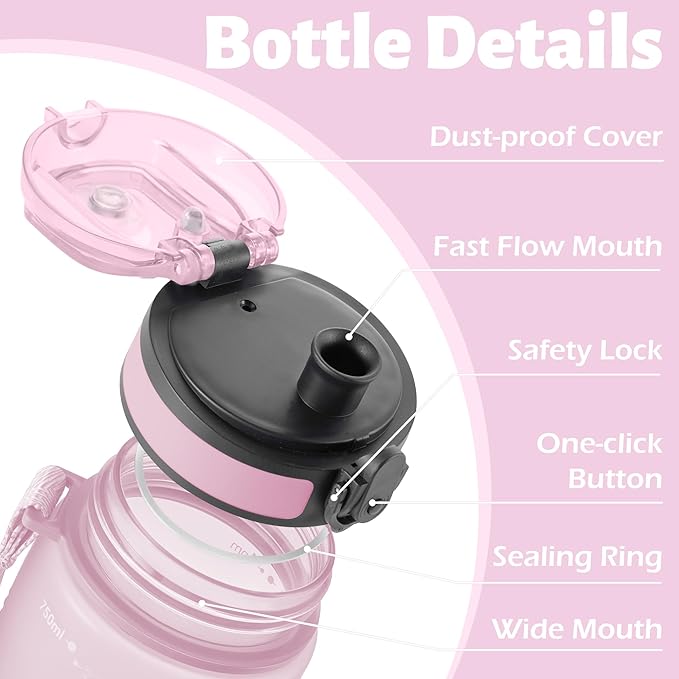 OLDLEY 25 oz Water Bottle, Motivational Water Bottle with Time Marker, Sports Water Bottle With Strap, Leakproof & BPA Free Large Water Bottles for School, Gym, Travel, Outdoor, Tritan,Pink