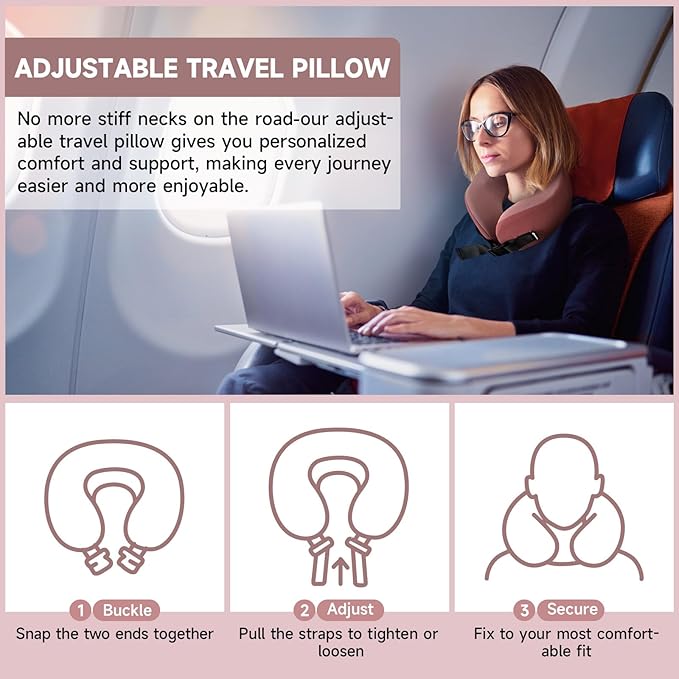 SPRFUFLY Travel Pillow 100% Memory Foam - Neck Pillow for Sleeping, Airplane Pillow with Sleep Mask & Earplugs, Travel Essentials Neck Pillow for Traveling, Long Flights, Train & Office Use(Soft Pink)
