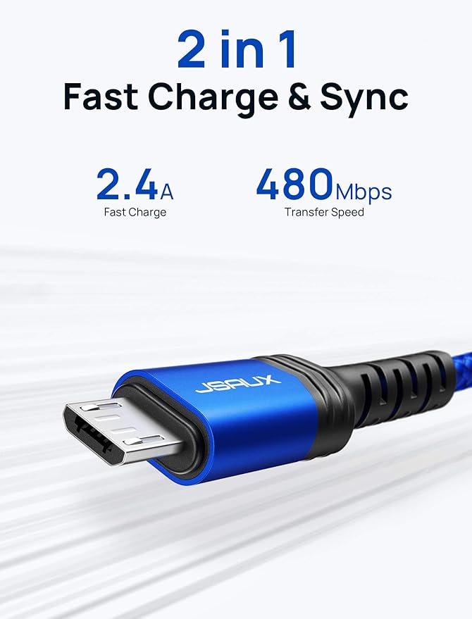 JSAUX Micro USB Cable for Android, (4-Pack 6.6FT) Kindle Charger Cord Replacement, Nylon Braided USB Micro Charging Cable Compatible with Galaxy S7 S6 J7 Edge Note 5, Kindle, MP3-Blue