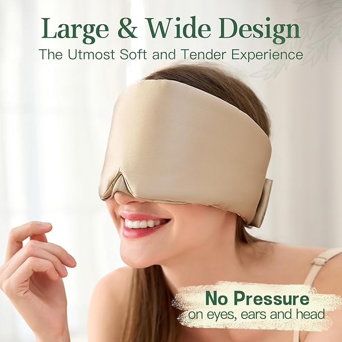 100% Mulberry Silk Sleep Mask, Complete Blackout, Adjustable Velcro Strap, Nasal Wing Design, Large Size, No Eye Cups, Perfect for Side Sleepers, Unisex (Taupe)