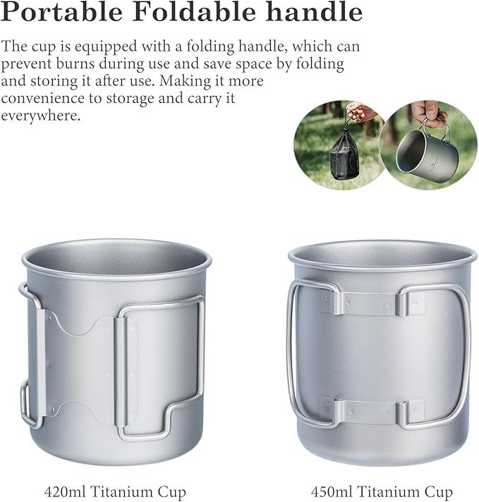 iBasingo 420ml Titanium Mug without Lid Tea Coffee Water Cup Outdoor Camping Pot Ultra-light Portable Hiking Backpacking Cooking Kit Picnic Tableware Drinkware with Foldable Handle Ti3024D
