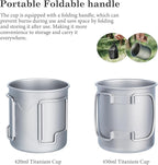 iBasingo 420ml Titanium Mug without Lid Tea Coffee Water Cup Outdoor Camping Pot Ultra-light Portable Hiking Backpacking Cooking Kit Picnic Tableware Drinkware with Foldable Handle Ti3024D