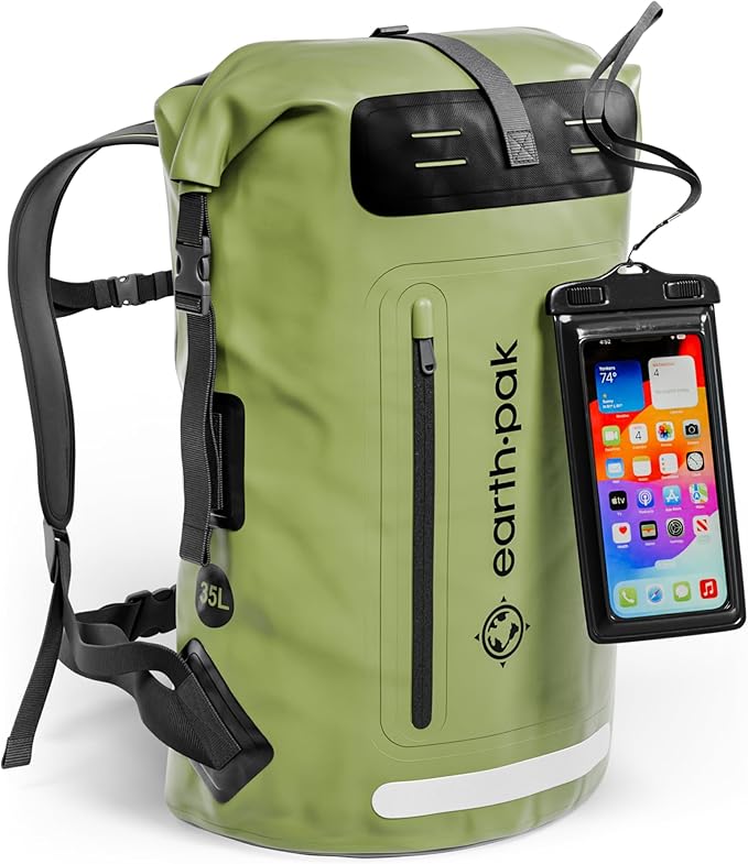 Earth Pak Waterproof Backpack - Heavy Duty Hiking Backpack - Roll-Top Closure Bag - Cushioned Dry Bag Waterproof Phone Case