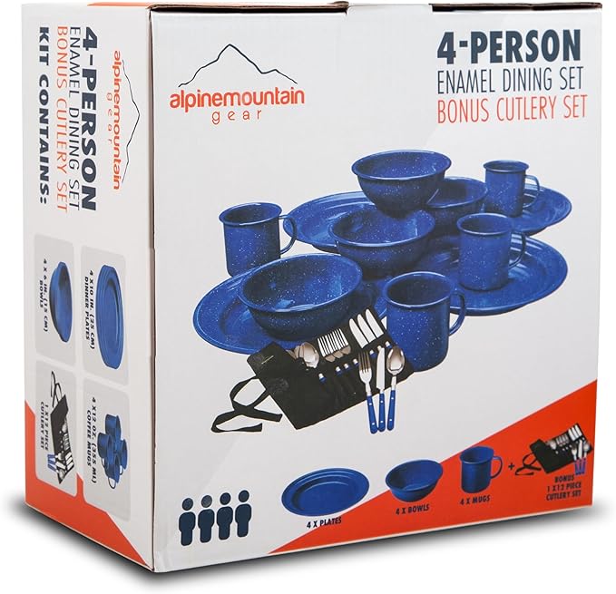 4-Person Enamelware Dining Set for Camping and Backpacking - Camping Gear Essentials for Camping and Backpacking by Caddis Sports