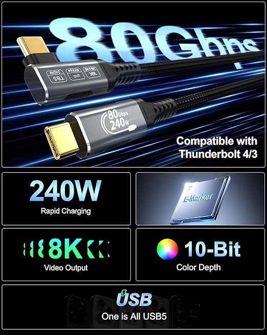 80Gbps Right Angle USB 4 Cable for Thunderbolt 5 Cable 1.6FT, 240W Charging, Up to 120Gbps Bandwidth for 16K/Dual 8K, Braided USB C to USB C Cable for Thunderbolt 4, Macbook Pro, iPhone 17, SSD