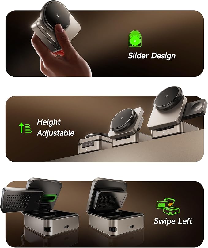 ZEEHOO 3-in-1 Foldable Magnetic Wireless Charging Station, Qi2 Certified 15W Travel Charger Stand Dock Wireless Charger for iPhone 17/16/15/14/13/12 Series, Apple Watch, AirPods (30W Adapter Included)
