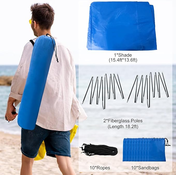 Beach Shade 200 Sq. Ft Beach Canopy for 4-8 People, Portable Sun Shelter with UV Protection, Lightweight & Easy Setup for Family Outdoor Activities (Blue)