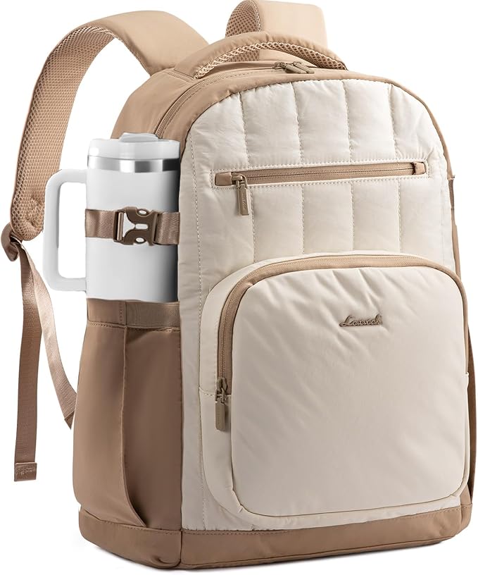LOVEVOOK Laptop Backpack for Women with Giant Tumbler Holder Pocket,17 Inch Puffer Travel College Work Backpack Purse for Teacher Nurse,Waterproof Laptop Bag Computer Back Pack Daypack,White-Khaki