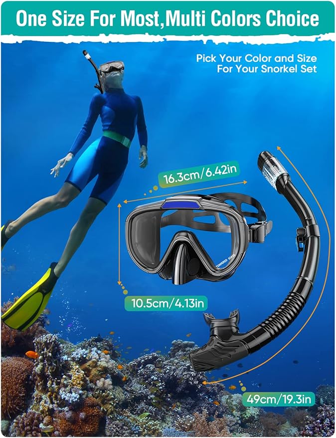 Snorkel Set Adults Snorkeling Gear Anti-Fog Panoramic View Swim Mask Dry Top Snorkel Kit with Carry Bag for Snorkeling Scuba Diving Swimming Travel