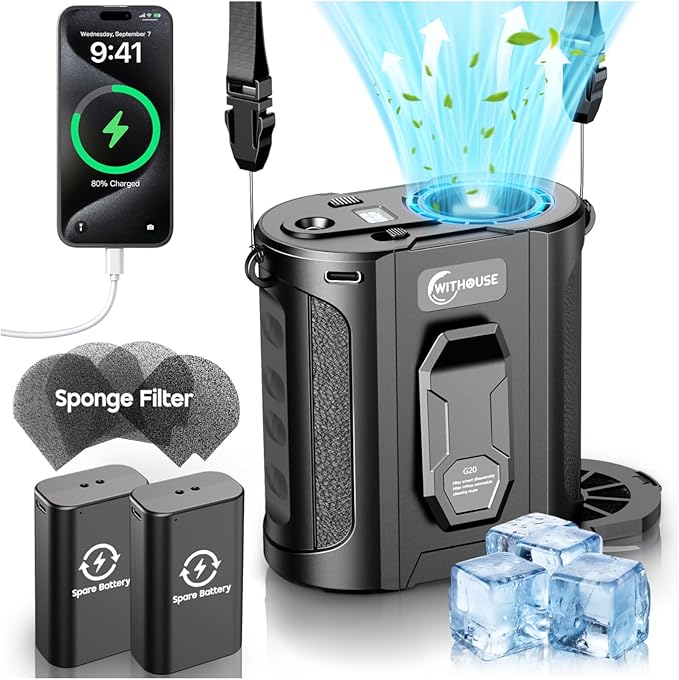 [Dual Battery] Next-Gen AI Portable Waist Fan Clip On 24000mAh, MAX 80H Runtime, 17000RPM Powerful 5 Speeds, Rechargeable Belt Fan with Filter Power Bank Flashlight, Shirt Fans for Men Outdoors Travel