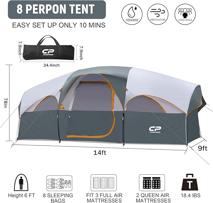 CAMPROS CP Tent 8 Person Camping Tents, Weather Resistant Family Tent, 5 Large Mesh Windows, Double Layer, Divided Curtain for Separated Room, Portable with Carry Bag
