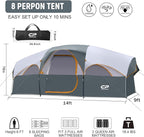 CAMPROS CP Tent 8 Person Camping Tents, Weather Resistant Family Tent, 5 Large Mesh Windows, Double Layer, Divided Curtain for Separated Room, Portable with Carry Bag