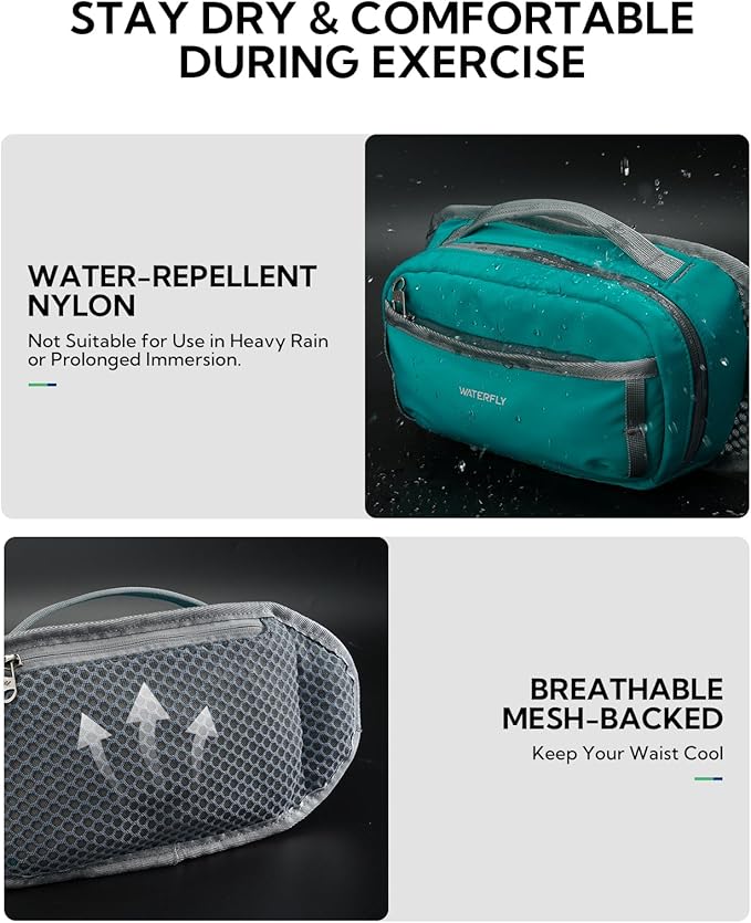 WATERFLY Fanny Pack Waist Bag: Large RFID Blocking Crossbody Bags with Multi-Pockets, Breathable Casual Anti-Theft Hip Pouch for Women Men Traveling Walking Hiking-Cyan