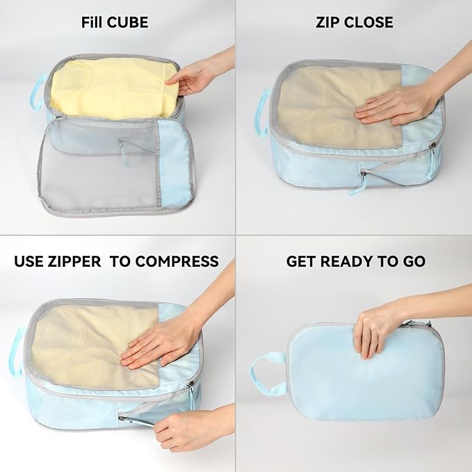 Voova 6 Set Compression Packing Cubes, Travel Accessories Expandable Packing Organizer Bags Set for Carry on Suitcase, Durable Luggage Packing Cubes for Travel Essentials, Blue