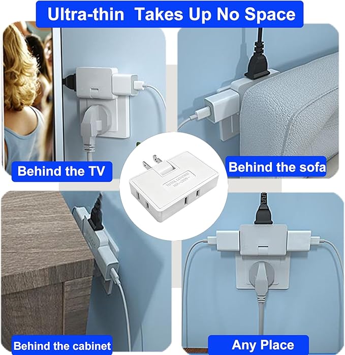 3 Way Flat Wall Outlet Extender,2 Prong180 Degree Portable Swivel Wall Tap Plug,Ultra Thin Folding Electrical Outlet Splitter (Easy Install),Type A,White,Pack of 2