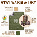 Don't Die In The Woods - Freakin’ Huge Emergency Blankets [4-Pack] Extra-Large Thermal Mylar Space Blankets with Ripstop Nylon Stuff Sacks + Carabiner Zipper Pack [Army Green]