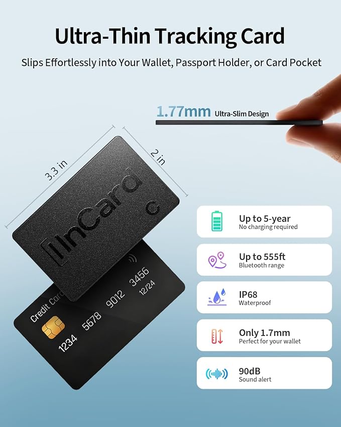Wallet Tracker for iOS & Android, 5-Year Battery Life, IP68 Waterproof, Ultra-Slim Design, Works with Apple Find My and Google Find Hub, Smart Card Locator for Passport, Keys, Bags