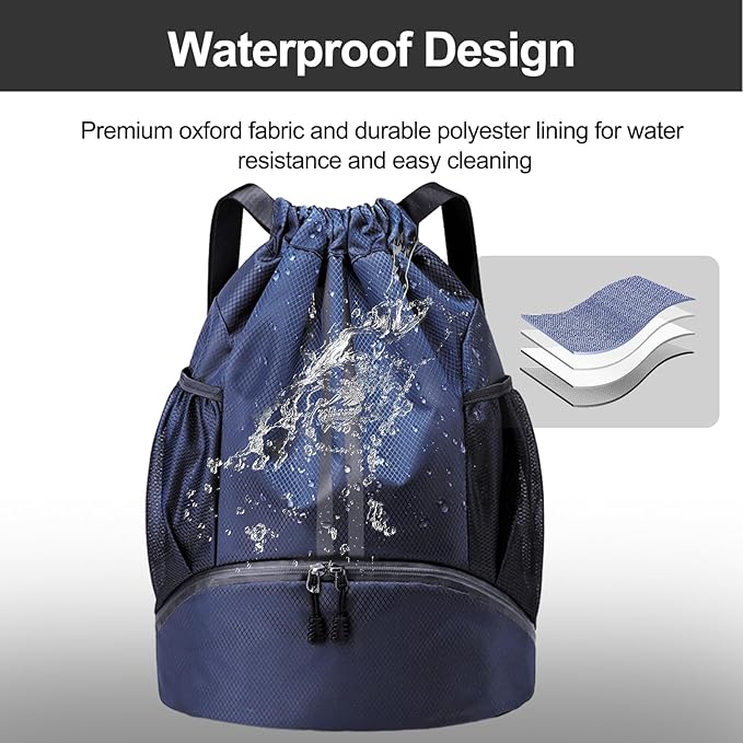 Hoedia Sports Drawstring Backpack - String Swim Gym Bag with Shoes Compartment and Wet Proof Pocket for Women/Men (Navy Blue)