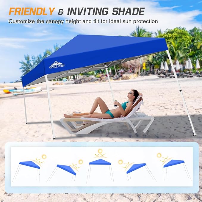EAGLE PEAK 10x10 Slant Leg Pop-up Canopy Tent Easy One Person Setup Instant Outdoor Beach Canopy Folding Portable Sports Shelter 10x10 Base 8x8 Top (Blue)