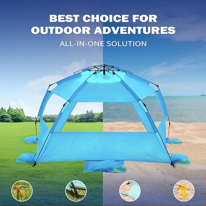 Beach Tent for 3-4 People, Pop-Up Beach Tent Automatic Setup, UV Protection, Extendable Floor, Ventilating Windows, Portable Outdoor Sun Shelter, Blue