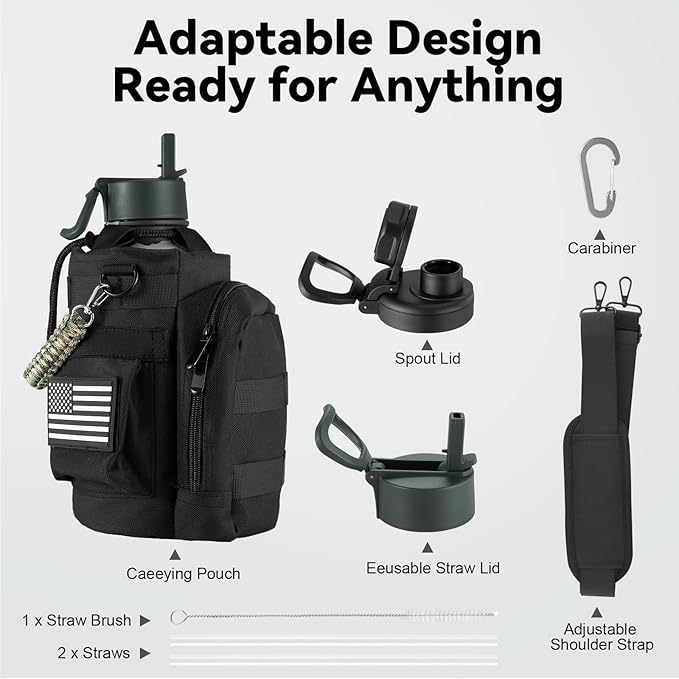 KXIAOCHEN Insulated Water Bottle, Stainless Steel Water Bottle, 2 Lids (Straw and Handle Lid),Wide Mouth Metal Water Bottles Keep Hot and Cold, Double Walled, Thermo Mug, Metal Canteen