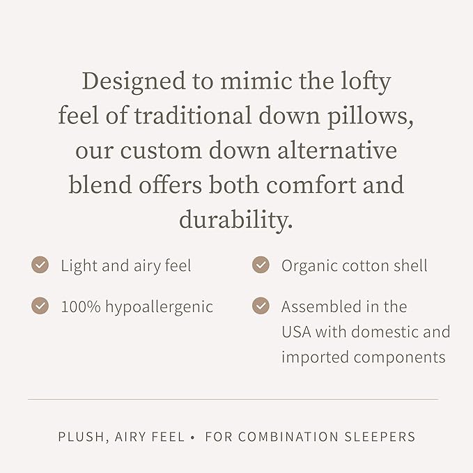 Saatva Down Alternative Pillow - Hypoallergenic Pillow with Plush & Airy Feel - Breathable Organic Cotton Cover - Lofty Microdenier Down Alternative - Queen (28"x16"), 1 Pack