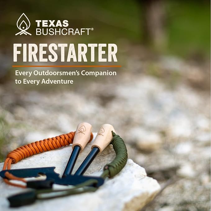 Texas Bushcraft Fire Starter Survival Kit - Ferro Rod Flint Fire Steel, Striker Tool | Cowhide Leather Tinder Bag | Emergency Paracord Bracelet Camping Gear